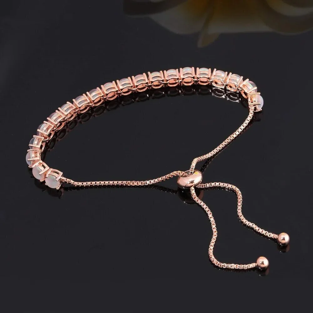 Women's Silver Plated Opal Tennis Adjustable Sterling Hook Clasp Bracelet